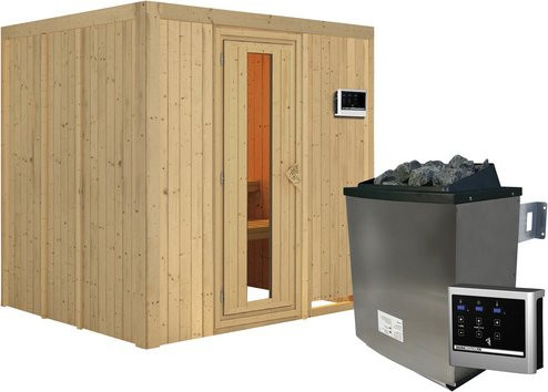Karibu Sauna Rakvere aus Fichtenholz mit 9 kW Saunaofen und externer Steuerung für 3 Personen, Farbe: beige - Bild 1