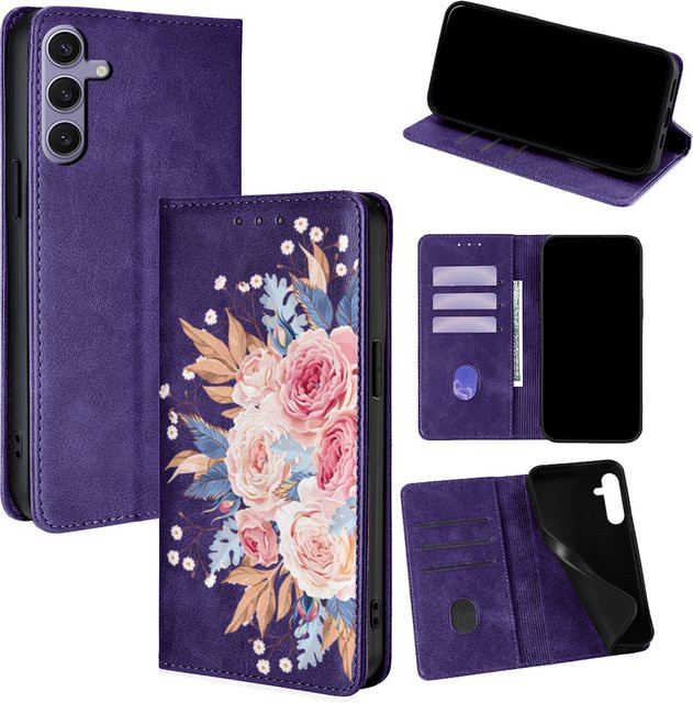 Magnetische Leder Flip Case mit Blumenmuster für Samsung Galaxy S25 Ultra S25 FE S24 S23 S22 Plus A56 A36 A26 A17 A07 Wallet Cover in Braun - Bild 1