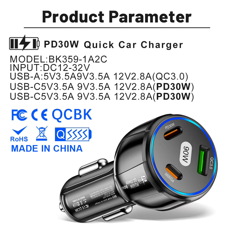 GUSEYEE 3-in-1 Autoladegerät 90W mit QC3.0 und PD Typ C USB Schnellladung in Schwarz - Bild 6