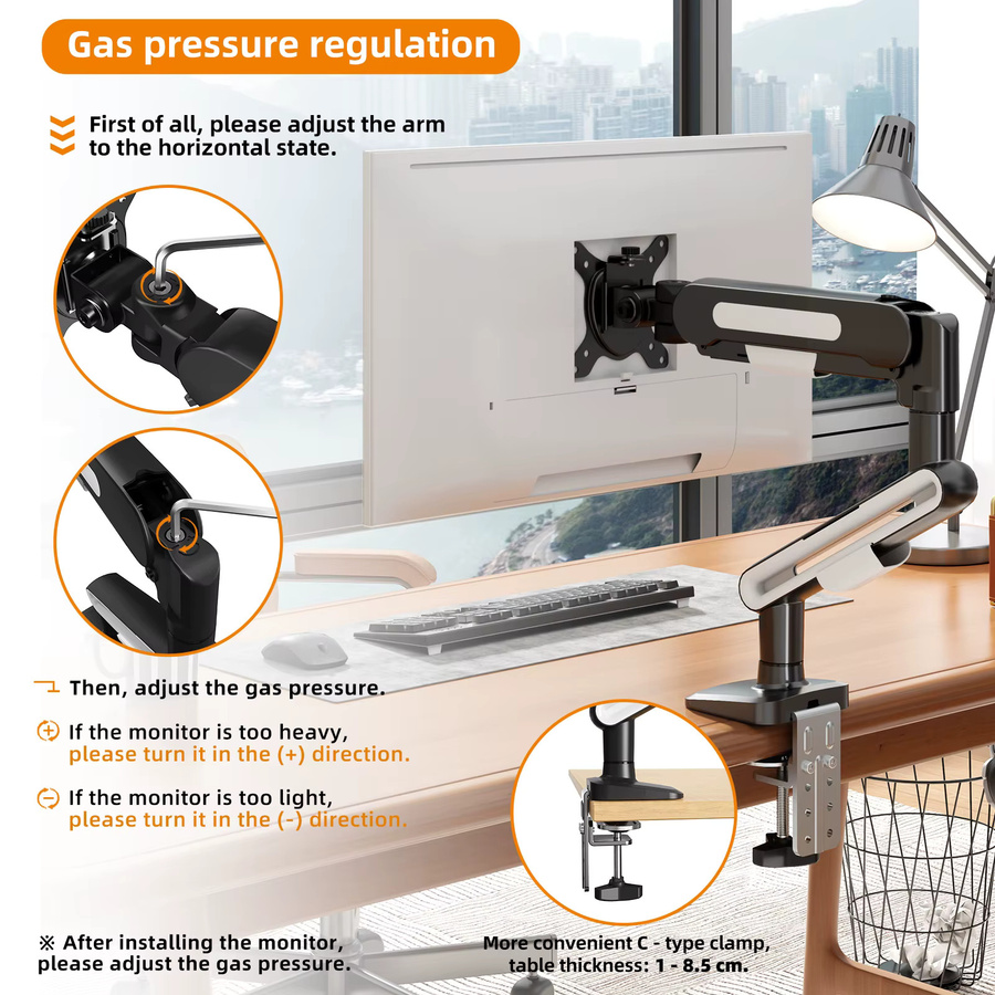 BEISHI Einzelmonitorhalterung für Schreibtisch, verstellbarer Computermonitorarm für 13-32 Zoll, Tragkraft 2-10 kg, VESA 75/100 mm, Schwarz oder Weiß - Bild 3