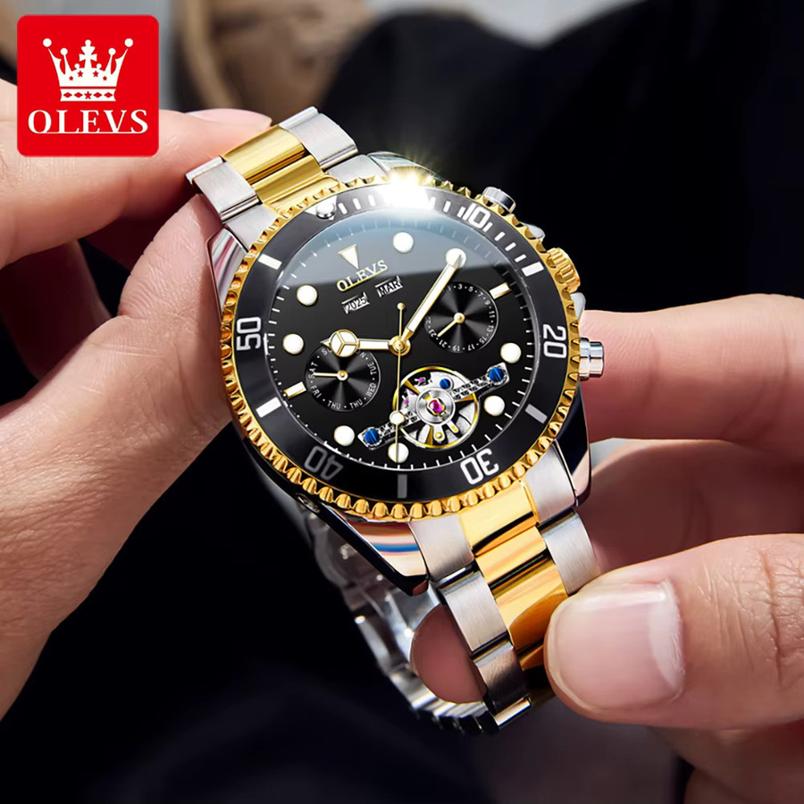 OLEVS Armbanduhr Automatik, Edelstahl, Schwarz, Gold, Herren - Bild 4