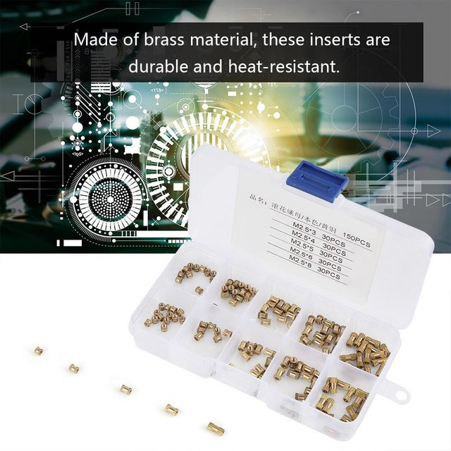 150 Stück Fishine Einbettmuttern M2.5 aus Messing in Goldfarben als Zylinder Rändel Rund für Eingegossene Einsätze - Bild 1