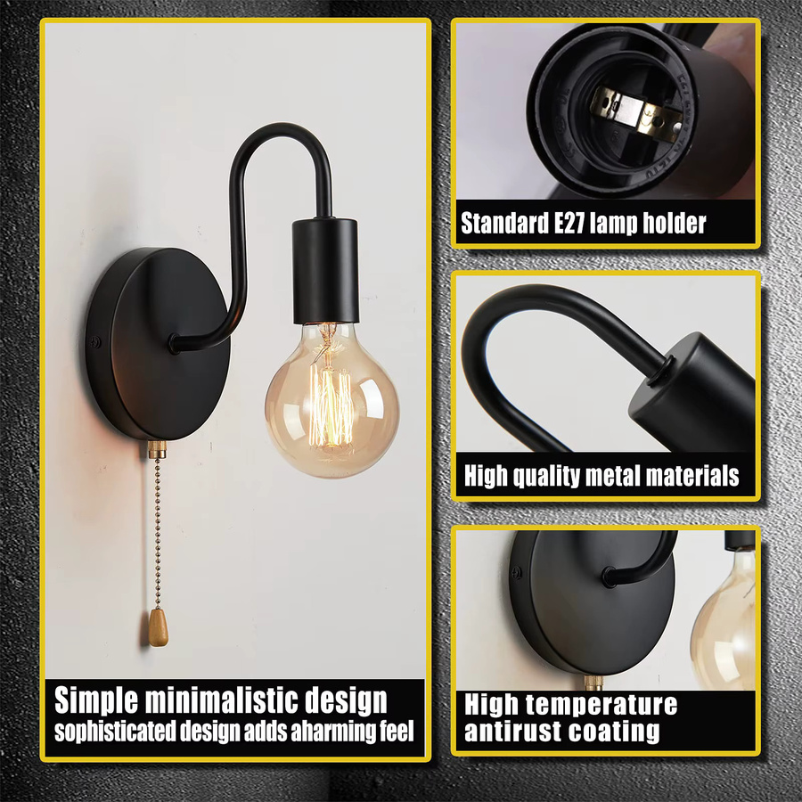 ONEYLTT Nordic Industrie Wandlampe aus Metall in Schwarz mit E27 Fassung und transparentem Glas für Schlafzimmer und Badezimmer - Bild 3