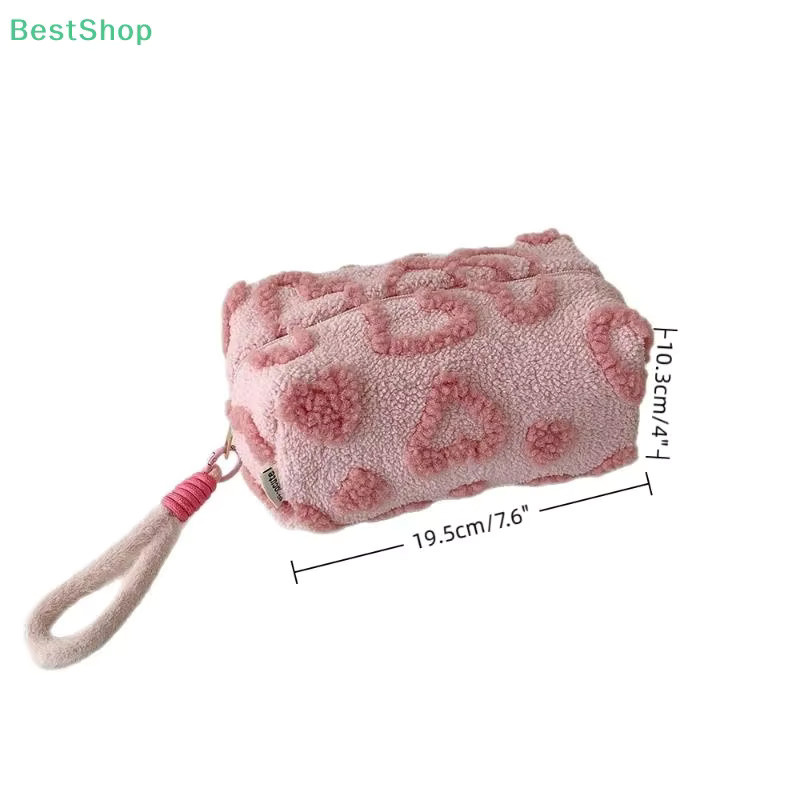KOQZM Kosmetiktasche aus weichem Plüsch mit Love-Print und Griff in Pink - Bild 3