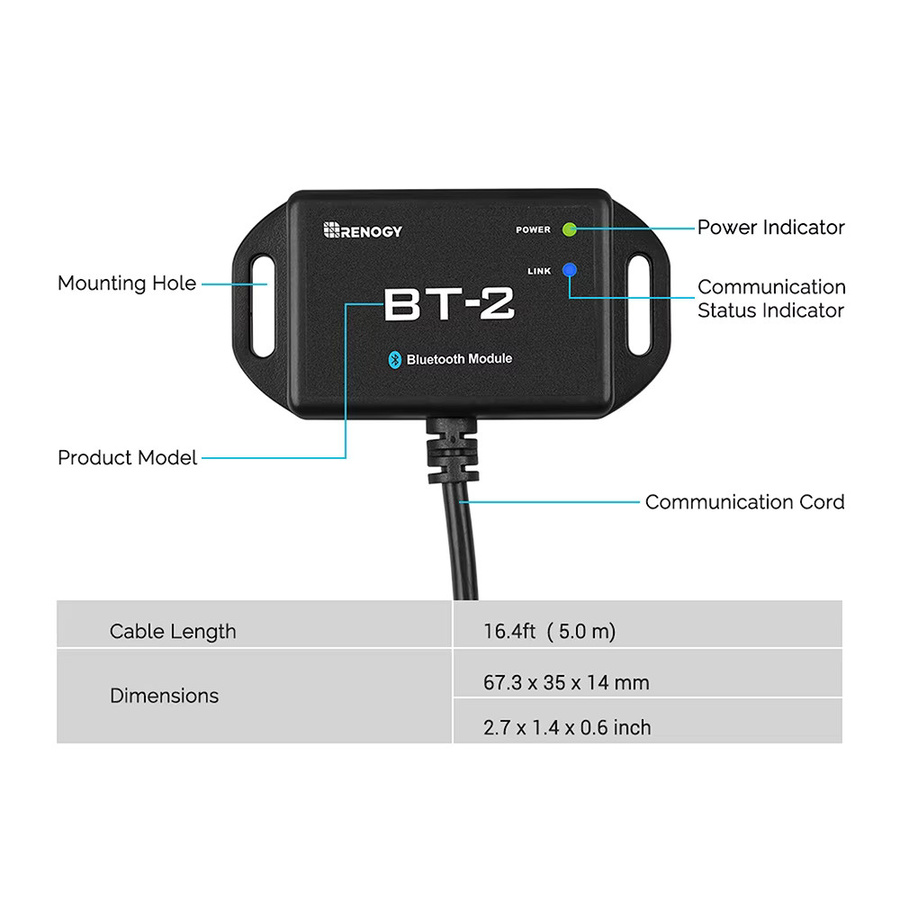 Renogy BT-2 Bluetooth-Modul mit RJ45-Anschluss in Schwarz zur drahtlosen Echtzeit-Überwachung - Bild 3