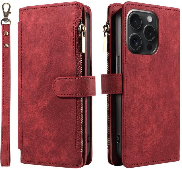 Binchi Health Electronics PU-Leder Handyhülle im Brieftaschen-Stil für iPhone 11 bis iPhone 17 Pro Max in Weinrot - Bild 1