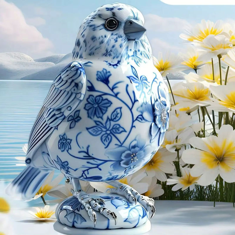 Klassische Vogel-Dekoration aus Porzellan in Blau und Weiß mit floralem Design - Bild 1