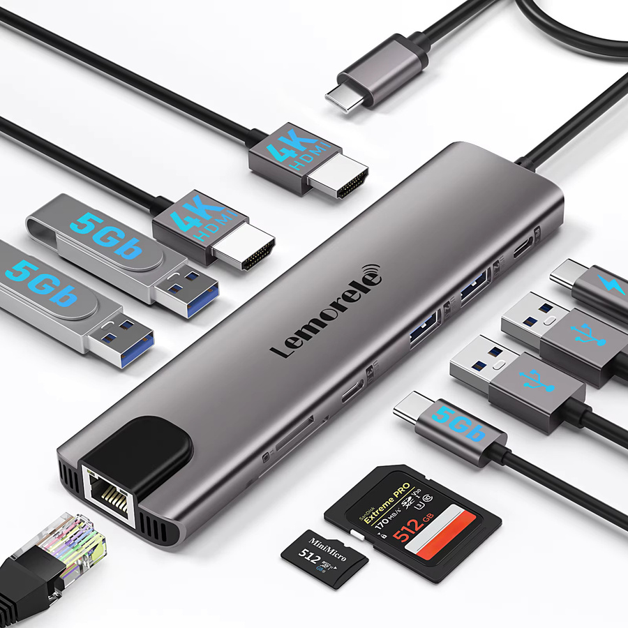 Lemorele 11-in-1 USB-C Hub in Grau mit 4K HDMI, 100W PD, RJ45 Ethernet, SD/TF-Steckplatz und 480 Mbps Datenübertragung für Mac und Windows - Bild 6