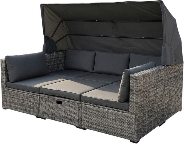Lounge Set Hardin Nola mit Sonnendach, Kissen und Beistelltisch aus PE Rattan in Anthrazit, B/T/H: 209 x 72 x 72 cm - Bild 1