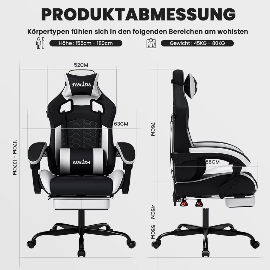 SUKIDA Ergonomischer Racing-Gaming-Stuhl in Schwarz-Weiß mit Kopfstütze und Lordosenstütze, verstellbar und drehbar aus Kunstleder - Bild 2