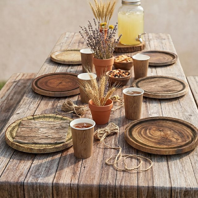 EsenTroye Rustikales Tischset im Western-Farmhouse-Stil mit Holzmaserung in Braun: Pappteller, Servietten und Becher für deine Landhaus- und Cowboy-Party-Dekoration - Bild 1
