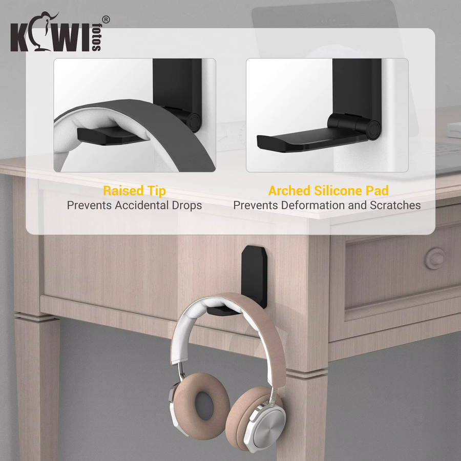 KIWIFOTOS 2er Pack Kopfhörerhalterung für Gaming Headsets, faltbarer Wandhalter und Schreibtisch-Haken in Schwarz - Bild 3