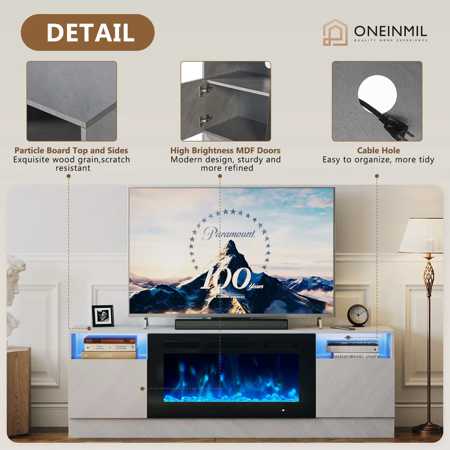 Mochen Moderner LED-TV-Schrank aus Holz mit integriertem elektrischem Kamin und Beleuchtung in Schwarz - Bild 6