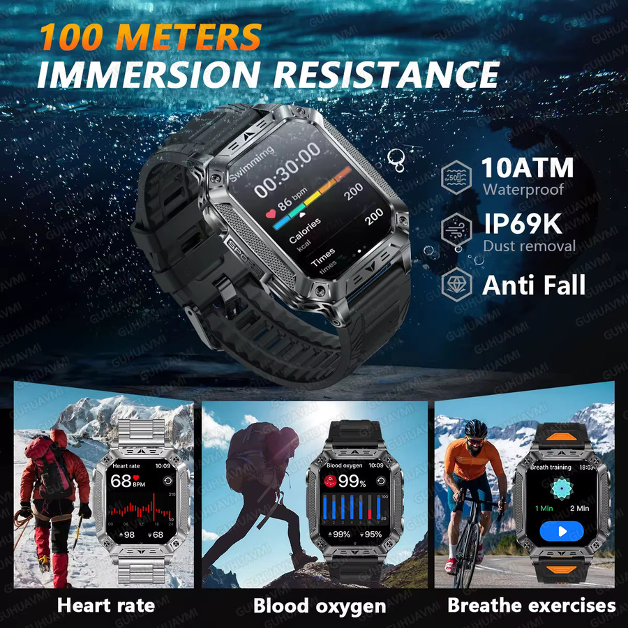 GUHUAVMI Smartwatch für Herren mit 2,01 Zoll AMOLED-Bildschirm, 1400mAh Akku, GPS-Tracking, 10ATM Wasserdichtigkeit und SOS-Anruffunktion in Schwarz - Bild 3