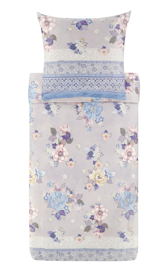Bassetti Hanami Mako-Satin Bettwäsche mit floralem Design in Grau, bestehend aus Bettbezug und Kissenbezug (80x80 cm) - Bild 1