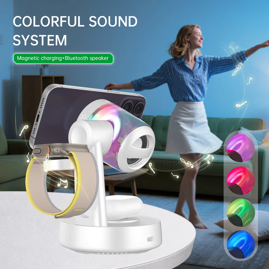 VIKEFON Qi2 25W Magnetisches kabelloses Schnellladegerät mit Bluetooth-Lautsprecher in Weiß für iPhone, Apple und Samsung Galaxy Watch sowie AirPods - Bild 4