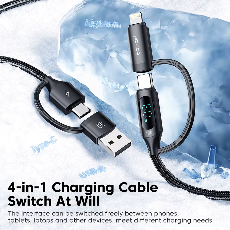 Toocki 4-in-1 Schnellladekabel mit LED-Display, USB-A auf USB-C und Lightning, PD 60W, Schwarz - Bild 3