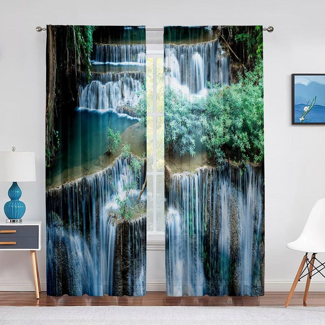 Yiran Furniture Vorhänge mit Naturlandschaft Wasserfall und grünem Wald, 2er-Set, halbtransparent, Polyester, B: 50 cm, H: 130 cm - Bild 1