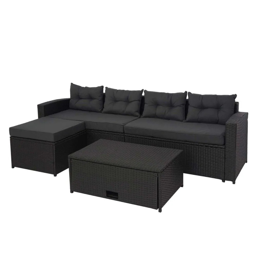 MCW Poly-Rattan Garten-Garnitur J34 4-teiliges Lounge-Set in Schwarz mit dunkelgrauen Kissen und Staufach - Bild 3