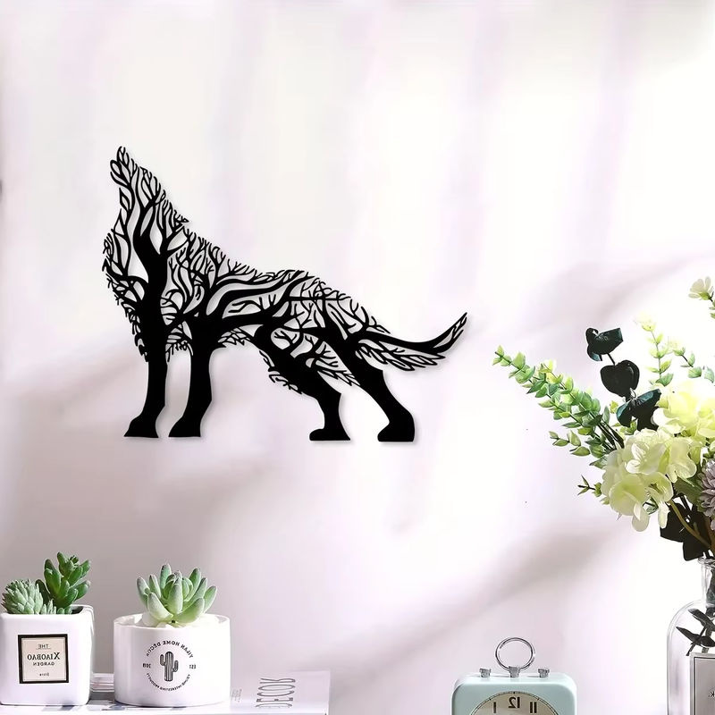 CIFbuy Wanddekor Wolf und Baumzweig aus Eisen in Schwarz, abstraktes Metall-Wandbild für dein Wohnzimmer - Bild 2