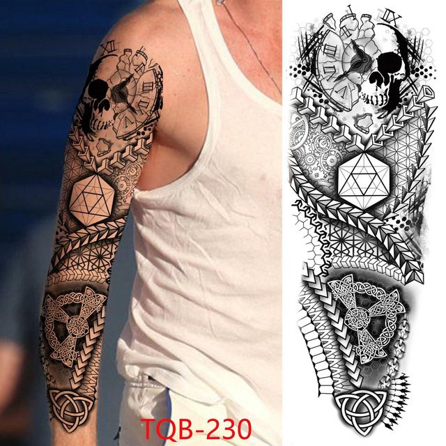 Temporäre Tattoo-Ärmel Unisex, Kompass Wolfskopf Auge Löwengott Feder, 480x170 mm - Bild 1