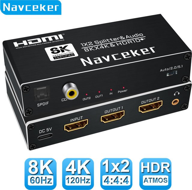 Navceker HDMI Splitter 1x2 und Audio Extractor in Schwarz mit optischem Ausgang für 8K, 4K 120Hz, kompatibel mit Apple TV, Xbox und PS5 - Bild 1