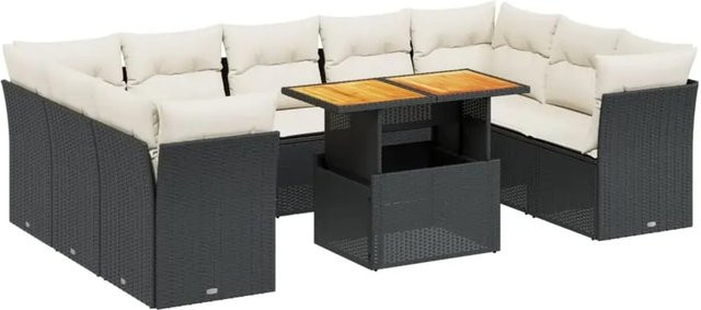 vidaXL 10-teilige Garten-Sofagarnitur in L-Form aus Polyrattan und Akazienholz mit Kissen in Schwarz-Creme - Bild 1