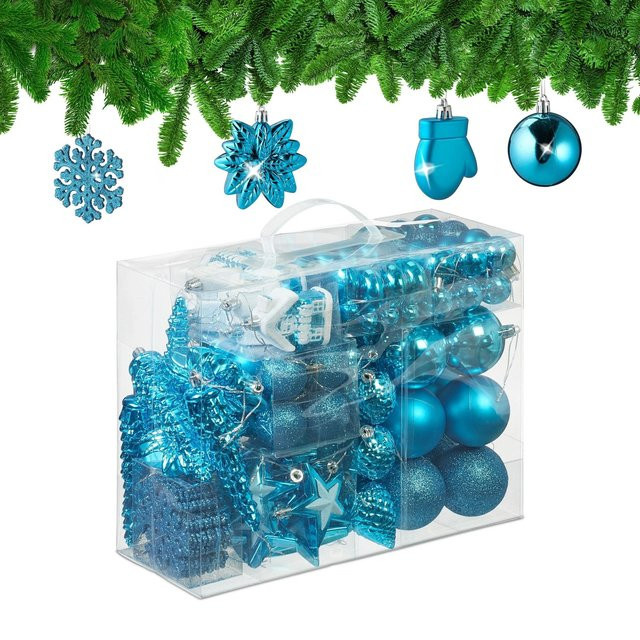 Relaxdays Weihnachtskugeln Set in Petrol aus Polystyrol mit Aufbewahrungsbox, 100er Set mit verschiedenen Motiven wie Zapfen, Sternen und Schneeflocken - Bild 1