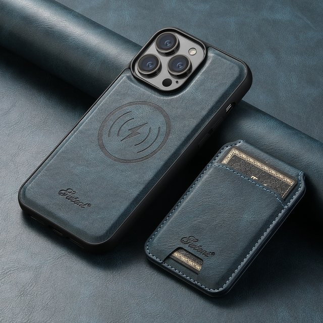 SUTENI Magnetische Leder-Brieftasche Handyhülle mit Kartensteckplatz für iPhone 17 16 15 14 13 12 Pro Max Plus in Blau - Bild 1