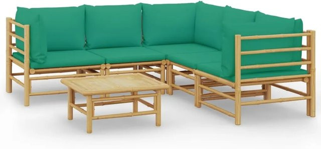 vidaXL 6-tlg Garten-Lounge-Set aus Bambus mit grünen Polstern und Tisch in L-Form - Bild 1