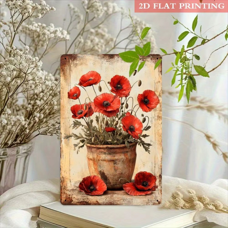 Potdemiel Wandkunst Mohnblumen aus Metall in Rot und Orange, Rustikales Vintage Blumenschild im Bauernhaus-Stil, Breite: 20,3 cm, Höhe: 30,5 cm - Bild 4