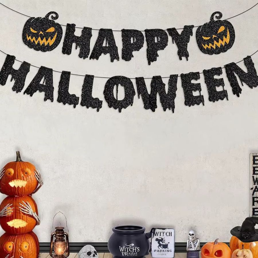 Runtowo Happy Halloween Papier Hängegirlande mit Kürbis-Motiven in Schwarz - Bild 5