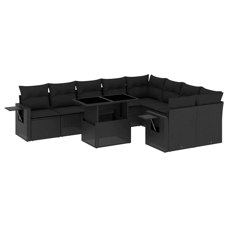 vidaXL 10-tlg. Garten-Sofagarnitur in L-Form aus Poly-Rattan mit Kissen, Schwarz - Bild 2