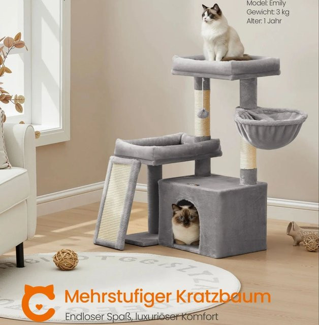 FEANDREA Katzenkratzbaum mit Höhle, Rampe, Körbchen und 2 Plattformen in Beige oder Grau - Bild 1