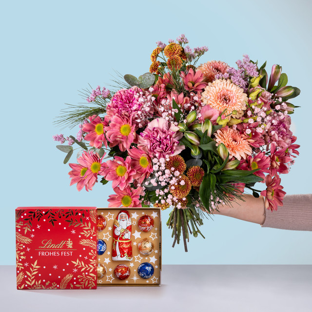 BLUME2000 Bouquet Shiny Winter mit Lindt Mix Frohes Fest Rosa Apricot Grün multicolour rund - Bild 1