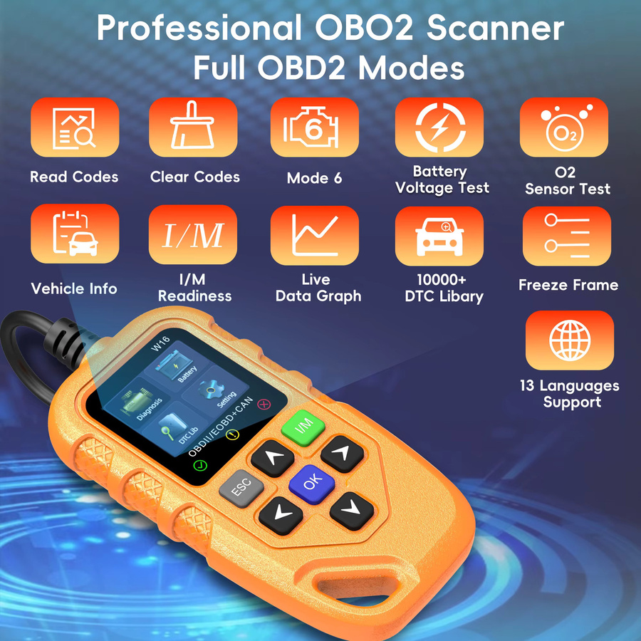 RUOGINSS OBD2-Scanner Diagnosetool in Orange mit Motorlicht-Codeleser, Reset-Funktion und Batteriespannungstester für alle OBD II Autos und LKWs - Bild 3