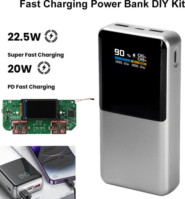 Aideepen 22,5W Schnellladungs-Powerbank DIY-Kit mit 0,96 Zoll TFT-Farbdisplay in Silber für Ternäre Lithium-Batterien, unterstützt PD/QC/SCP/VOOC - Bild 1