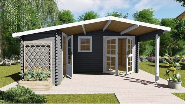 Finn Art Blockhaus Norwegen 5 Gartenhaus aus Holz mit Extrarraum und 18mm Fußboden, Farbe: Grau - Bild 1
