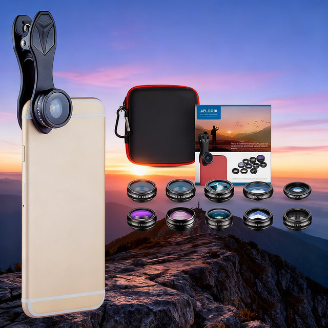 APEXEL 10-in-1 Smartphone Kameraobjektiv-Set mit Fisheye, Weitwinkel, Makro, Teleskop und CPL-Filter in Schwarz - Bild 1