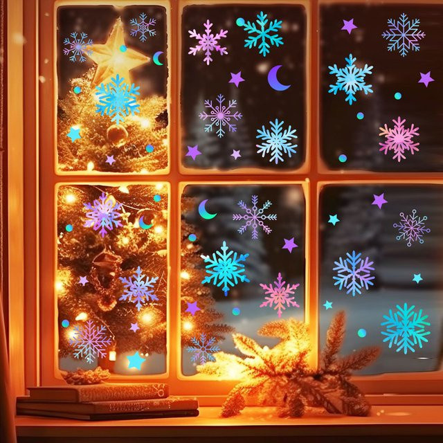 Selbstklebende Weihnachts-Wandaufkleber von DUTRIEUX mit Schneeflocken, Mond und Sternen in Multicolour aus PVC für deine Heimdekoration - Bild 1