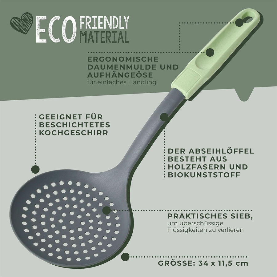 Fackelmann Ecolution Abseihlöffel Skimmer in Grau und Grün mit Aufhängeschlaufe, hitzebeständig und spülmaschinenfest - Bild 2