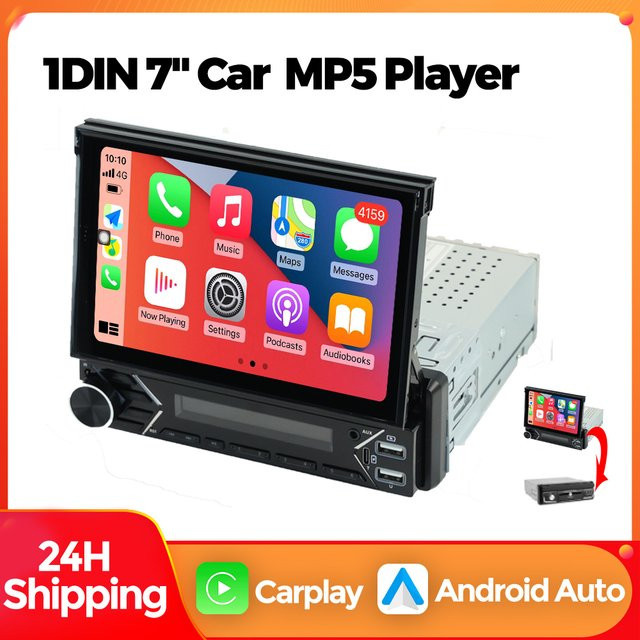 MEKEDE Universal 7 Zoll 1DIN Versenkbarer Multimedia Video Player mit Android Auto und CarPlay, Bluetooth, USB und FM - Bild 1