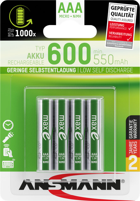 Ansmann NiMH Akku Micro AAA Typ 600, 550 mAh, Farbe: Grün, 4er Blister - Bild 1