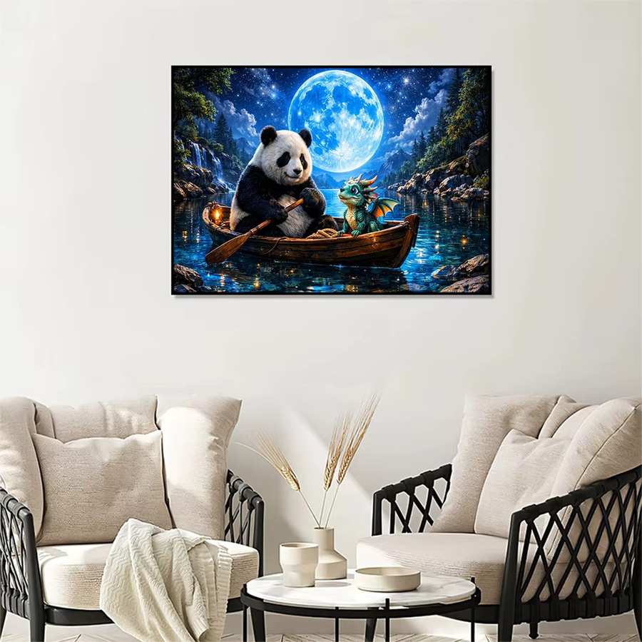 EverShine 5D Diamant-Mosaik Wandkunst Panda mit Mond und Landschaft als quadratisches Strass-Stickerei-Set in Multicolour, Breite: 30,0 cm, Höhe: 30,0 cm - Bild 3