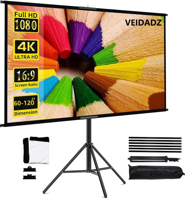 VEIDADZ Projektorleinwand mit Ständer, weiß, knitterfrei, 60–120 Zoll, 16:9 Format für Heimkino drinnen und draußen - Bild 1
