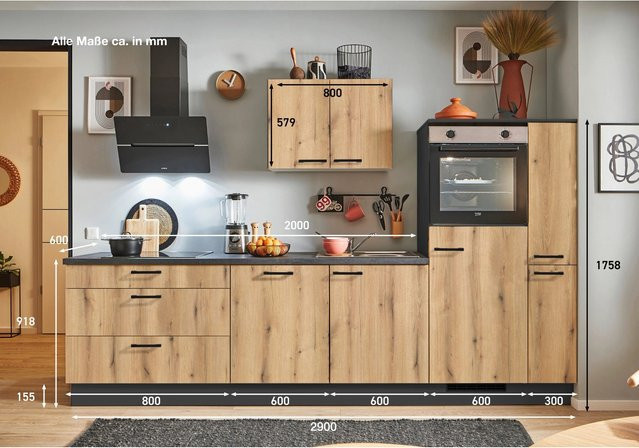 pino Küchenzeile Evoke Eiche mit Anschlag rechts, 1 Geräte- und 1 Seitenschrank, Breite: 290 cm, Höhe: 174 cm, Tiefe: 60 cm - Bild 1