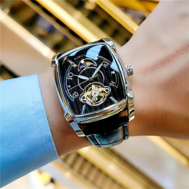 AOKULASIC Armbanduhr Tourbillon Skelett, Edelstahl, Leder, Herren - Bild 1