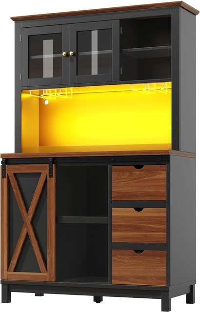Merax Hochschrank in Schwarz mit LED-Beleuchtung, Schiebetüren und Schubladen, H: 180 cm, B: 52 cm, T: 40 cm - Bild 1