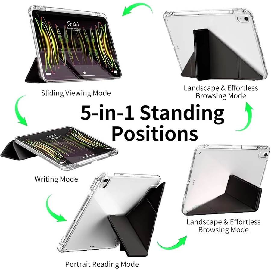 PHYLYN iPad Hülle für 11. und 10. Generation (A16) mit Stifthalter und Y-förmiger Standfunktion, transparent mit grauem TPU-Rahmen - Bild 5