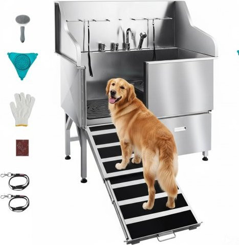 VEVOR Hundewaschstation aus 304 Edelstahl in Silber mit rutschsicherer Rampe, Schublade und Warm-Kalt-Wasserhahn, 127,5 cm Breite - Bild 1